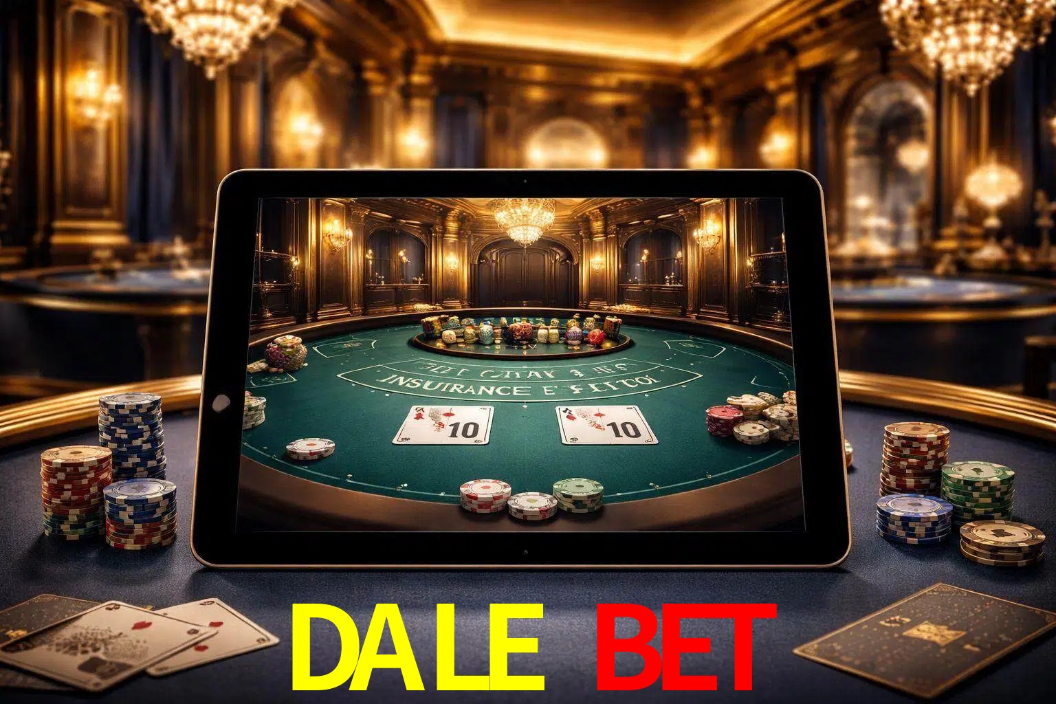 Configuración moderna de casino en vivo con una tableta mostrando una mesa de blackjack, luces cálidas de estudio y una atmósfera elegante de juegos digitales.